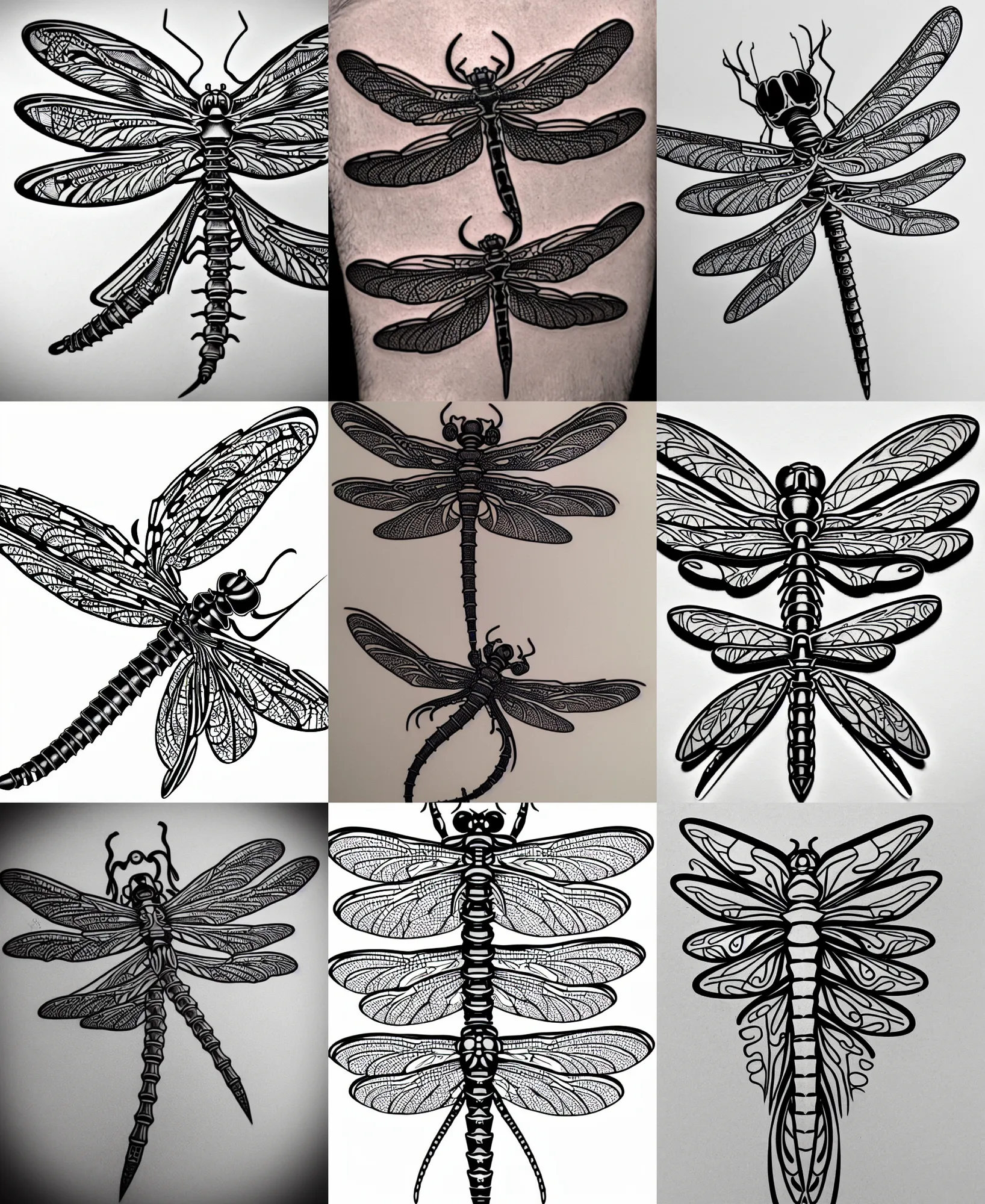 Prompt: biomechnical detailed dragonfly tattoo stencil