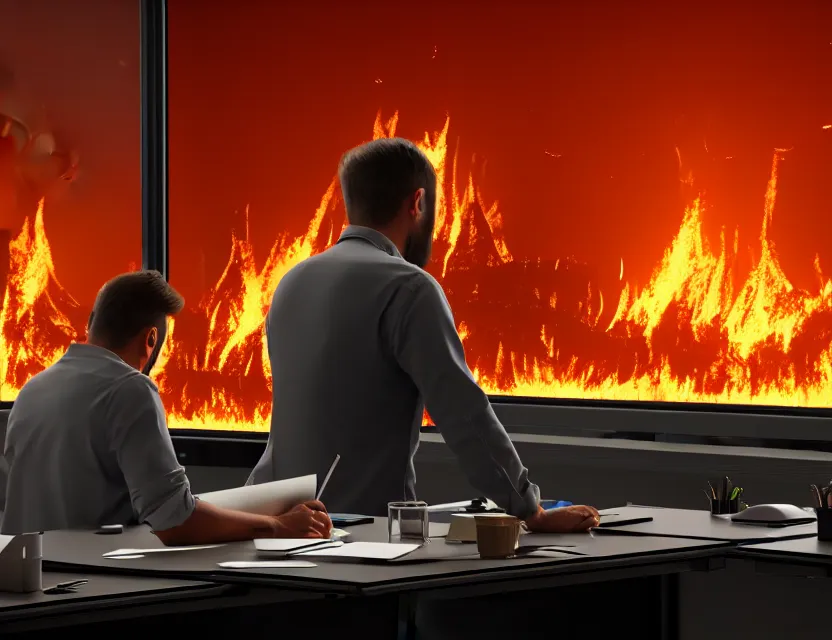 Image similar to a man sit at a workstation in a big office and looks at the burning fires, close up, featured in artstation, intricate, ultra detailed, unreal engine, concept art, wide - angle lens, sharp focus, illustration, 8 k