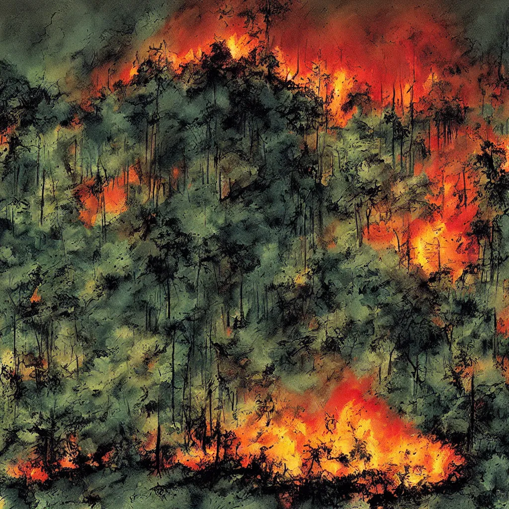 Image similar to amazon forest burning, apocalyptic, very detailed, wide - angle lens, digital art by bill sienkiewicz.