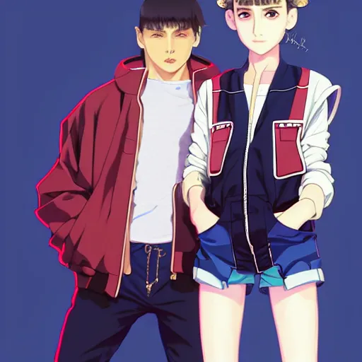 Prompt: a pretty boyish natalie portman alluring grauve model, wearing oversized mayan bomber jacket and leotard with overalls, bulky poofy bomber jacket with mayan patterns, aztec street fashion, gapmoe yandere grimdark, trending on pixiv fanbox, painted by greg rutkowski makoto shinkai takashi takeuchi studio ghibli, akihiko yoshida