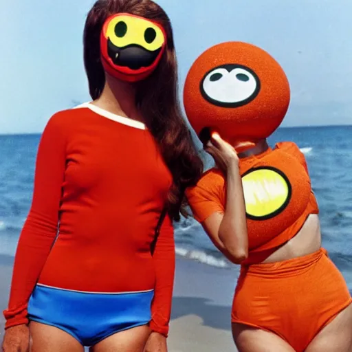 Prompt: 1969 twin women on tv show wearing an inflatable smiley mask with googly eyes, technicolor wearing a swimsuit at the beach 1969 color film 16mm holding a hand puppet Fellini John Waters Russ Meyer Doris Wishman