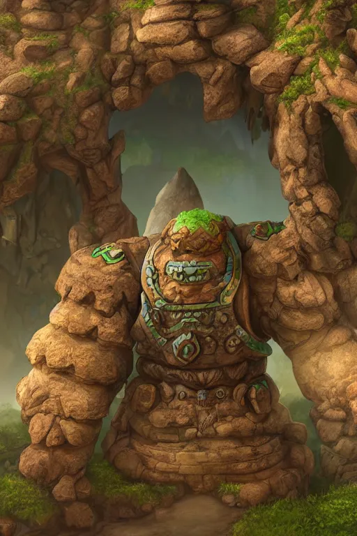 Image similar to zelda fantasy art giant golem troll wood rock greeble gemstone, global illumination ray tracing hdr fanart arstation by sung choi and eric pfeiffer and gabriel garza and casper konefal