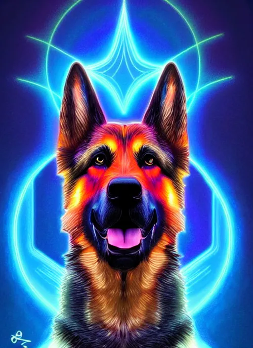 Image similar to symmetry!! product render poster vivid colors divine proportion german shepard hound mix, scifi, glowing fog intricate, elegant, highly detailed, digital painting, artstation, concept art, smooth, sharp focus, illustration, art by artgerm