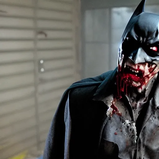 Prompt: Film still of zombified Batman, from The Walking Dead (2010 TV Show)