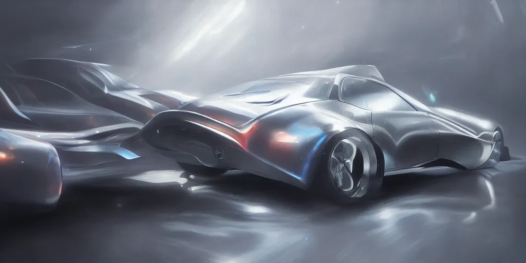 Image similar to full view of a car, painted in silver rainbow holographic pearlescent, elegant, digital painting, concept art, smooth, sharp focus, art style from Wang Ke and Greg Rutkowski and Bruce Kaiser and Scott Robertson and Dmitry Mazurkevich and Doruk Erdem and Jon Sibal, small style cue from Blade Runner