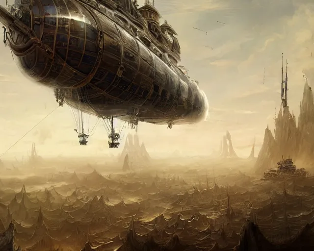 Image similar to legendary steampunk airship in medieval planet sky, alien technology, cinematic, highly detailed, smogpunk engines with sails, scifi, intricate digital painting, interesting angle artstation, by johnson ting, jama jurabaev