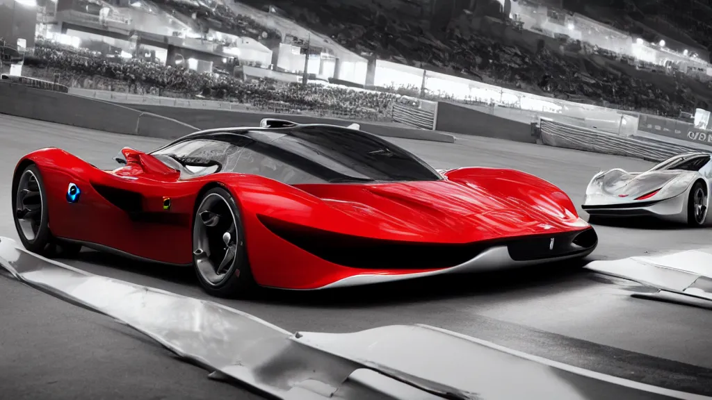 Image similar to photo of a ferrari concept car on racetrack, cinematic, fine details, symmetrical, 4 k