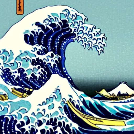 Image similar to The Great Wave off Kanagawa by Katsushika Hokusai picture, hyper realistic, 8k, colorful