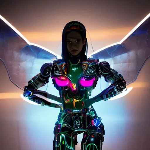 Image similar to Cyborg Woman, full-body shot of a woman with large mechanical wings, neon art style, futuristic art style, photorealistic imagery, photorealistic photos, heavily detailed, 8k quality, by Leo Avero and Eva Balloon, award-winning art