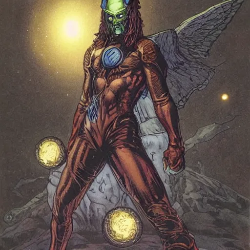 Image similar to Vanth Dreadstar by Jim Starlin, dextremely detailed, mixed media style comic book artwork, sci-fi fantasy art, sharp focus, perfectly symmetrical facial features, melancholy lighting, art by Angel Medina and Stephen Gammell, heavily detailed and intricate