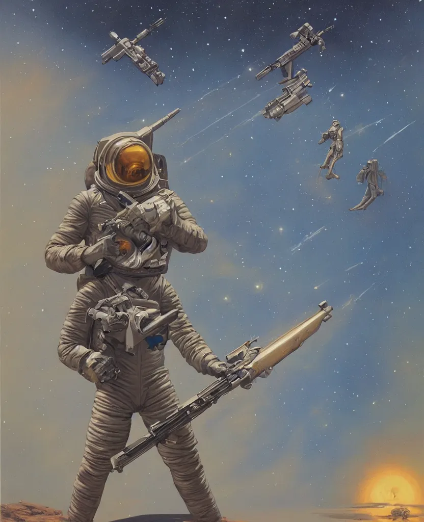 Image similar to a painting of a spaceman holding a rifle, concept art by michael whelan and tim white and vincent di fate, featured on deviantart, space art, concept art, sci - fi, cosmic horror