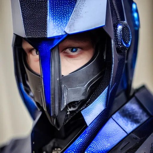 Prompt: low angle shot of austin Butler dressed in dark-blue-futuristic-baroque duelist-garb and carbon-armor, standing in an arena, XF IQ4, f/1.4, ISO 200, 1/160s, 8K, RAW, unedited, symmetrical balance, face in-frame