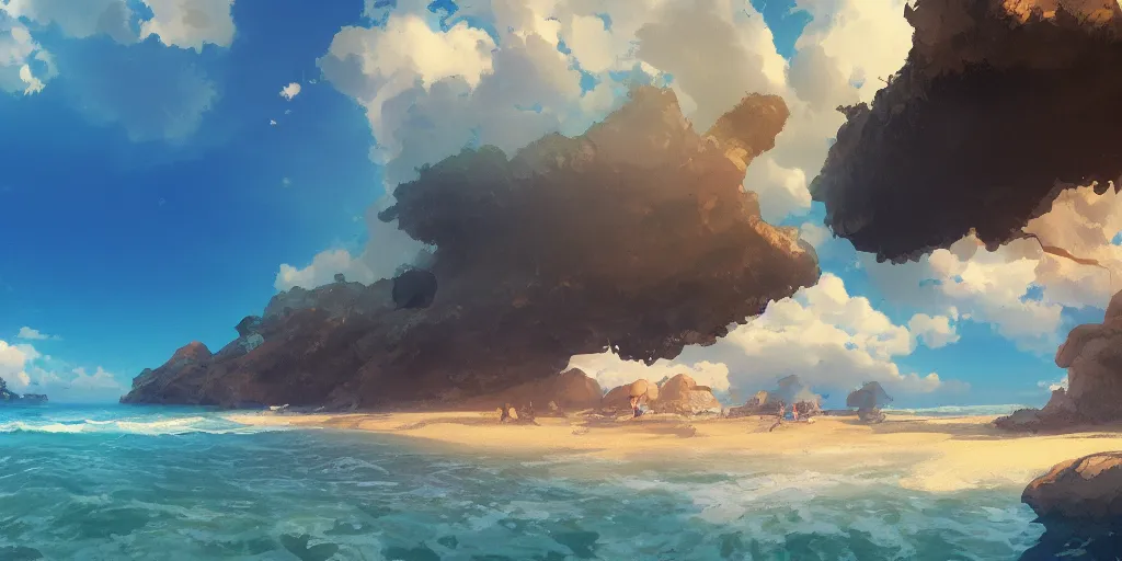 Image similar to a beach, cinematic angle, studio Ghibli, by Mokoto Shinkai, volumetric lighting, breathtaking, beautiful composition, elegant, digital art, detailed, oil painting, hyperrealistic, sharp focus, 8k