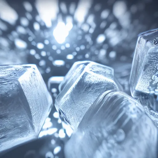 Image similar to Macro Shot of Clear Ice with light reflecting and bouncing inside, hyperrealistic rendering, subsurface scattering, raytracing, pathtracing, illumination, magical lighting