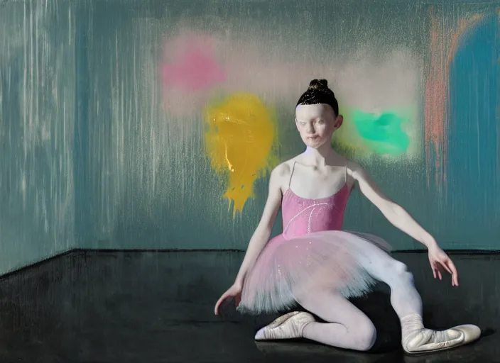 Image similar to portrait of nervous young girl ballerina sitting on the floor focusing in a dance hall by beeple and hernan bas and francis bacon and pat steir and hilma af klint, psychological, photorealistic, symmetrical face, dripping paint, washy brush, matte painting, rendered in octane, altermodern, masterpiece