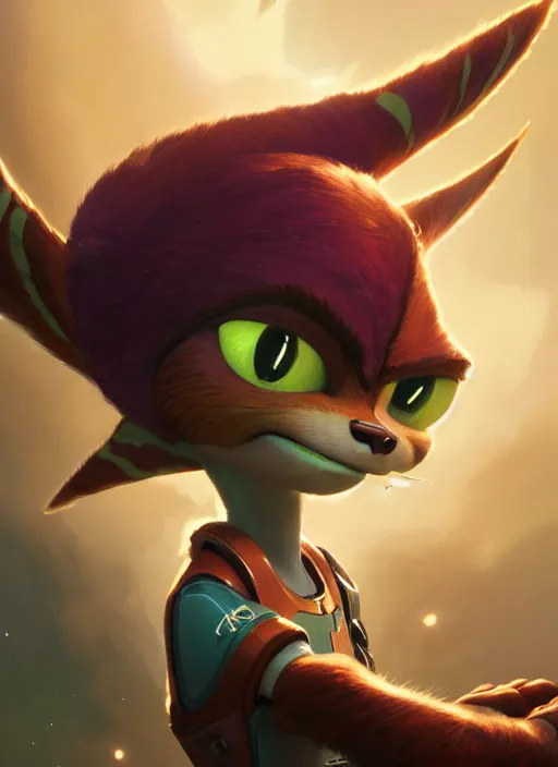 Image similar to Highly detailed portrait of Ratchet from ratchet and clank, Stephen Bliss, unreal engine, fantasy art by Greg Rutkowski, Loish, Rhads, ferdinand knab, Makoto Shinkai and Lois van baarle, ilya kuvshinov, rossdraws, Tom Bagshaw, alphonse mucha, global illumination, radiant light, detailed and intricate environment