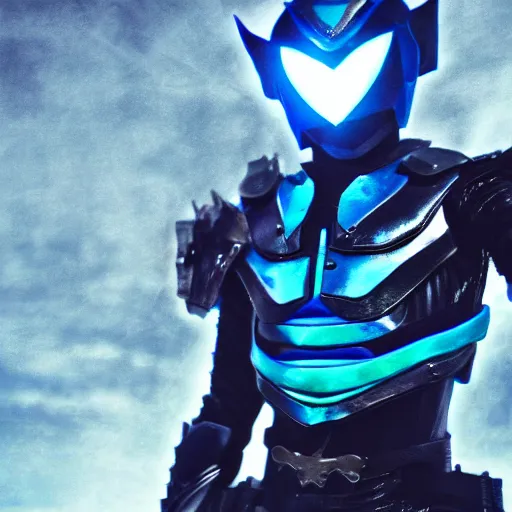 Image similar to High Fantasy Kamen Rider, glowing eyes, dark blue segmented armor, moody colors, 8k, forest plains of north yorkshire, daytime, grey rubber undersuit, tokusatsu, illustration