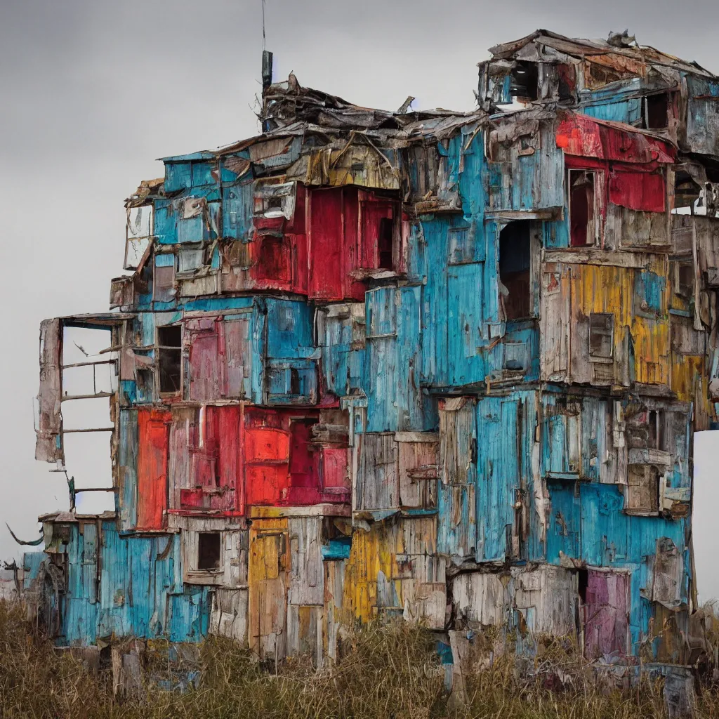 Prompt: close - up view of a tower made up of colourful makeshift squatter shacks, faded colours, plain off white sky, mamiya, very detailed, photographed by cristina de middel