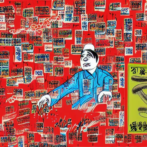 Image similar to uyghur Uighur men in a prison, heart kidney lungs, in the style of daniel johnston and outsider art, 4k, line brush, overlaid with chinese adverts and mandarin text