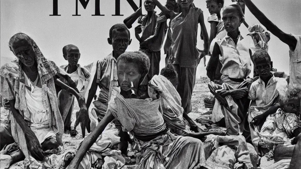 Image similar to 1 9 8 4 ethiopian famine and drought, dark, moody, in the cover of time magazine, 8 k