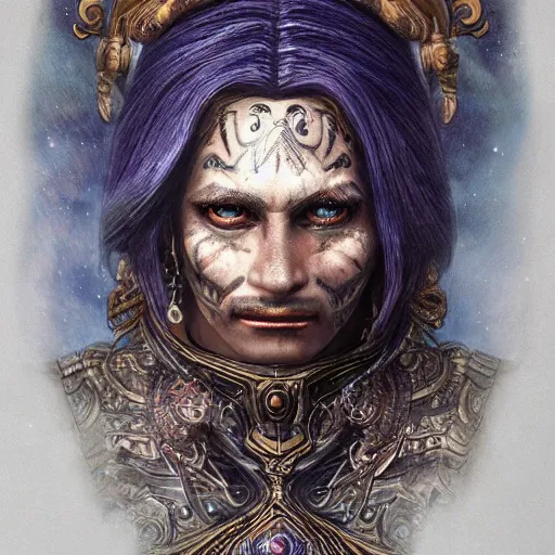 Image similar to an Artstation 3d render of Very very very very highly detailed beautiful mystic portrait of a phantom warrior with galaxy, tattoos by Anton Pieck, intricate, extremely detailed, digital painting, artstation, concept art, smooth, sharp focus, illustration, intimidating lighting, incredible art,