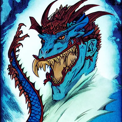 Image similar to head and shoulders portrait of a medieval d & d fantasy anthropomorphic blue dragon - headed sorcerer, comic book cover art by phil noto and frank miller