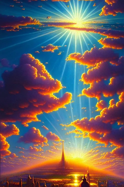 Prompt: a photorealistic detailed cinematic image of a beautiful vibrant iridescent future for human evolution, spiritual science, divinity, utopian, cumulus clouds, ornate architecture, isometric, by david a. hardy, kinkade, ishka lha, wpa, public works mural, socialist