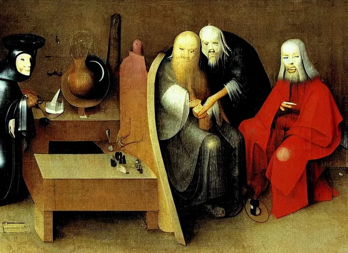 Image similar to judge wearing a bench wig is making a haircut to another judge with a bench wig, only two person in the scene, by hieronymus bosch, fractals