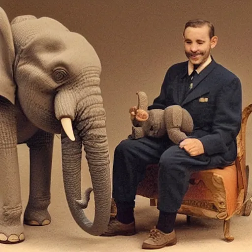 Prompt: a man on a chair with his miniature elephant on his lap