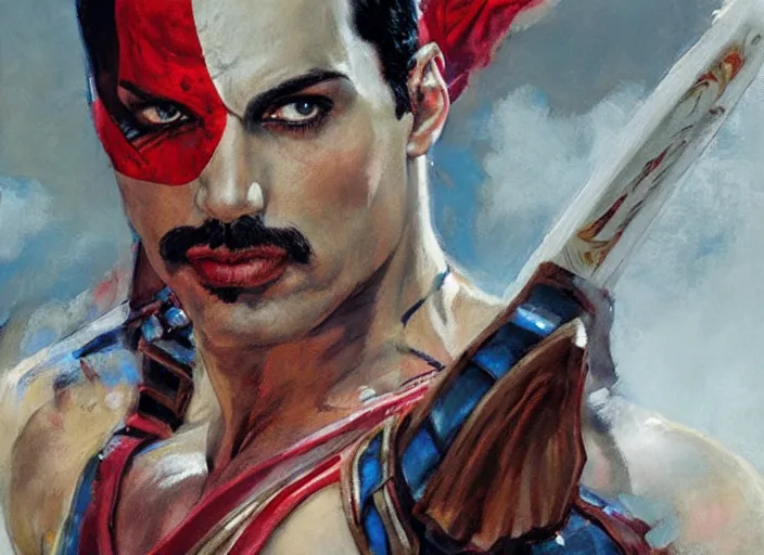 Image similar to a highly detailed beautiful portrait of freddie mercury as kratos, by gregory manchess, james gurney, james jean