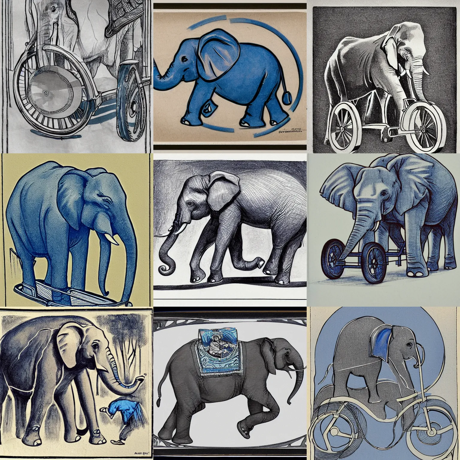 Prompt: an elephant riding a specially - made ped quadricycle, art nouveau illustration, wash over graphite, vellum, payne's grey and cerulean blue