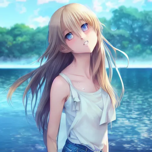 Image similar to a very beautiful anime girl, full body, long wavy blond hair, sky blue eyes, full round face, short smile, cute top, short jeans, summer lake setting, cinematic lightning, medium shot, mid-shot, highly detailed, trending on Artstation, Unreal Engine 4k, cinematic wallpaper by Stanley Artgerm Lau, WLOP, Rossdraws, James Jean, Andrei Riabovitchev, Marc Simonetti, and Sakimichan