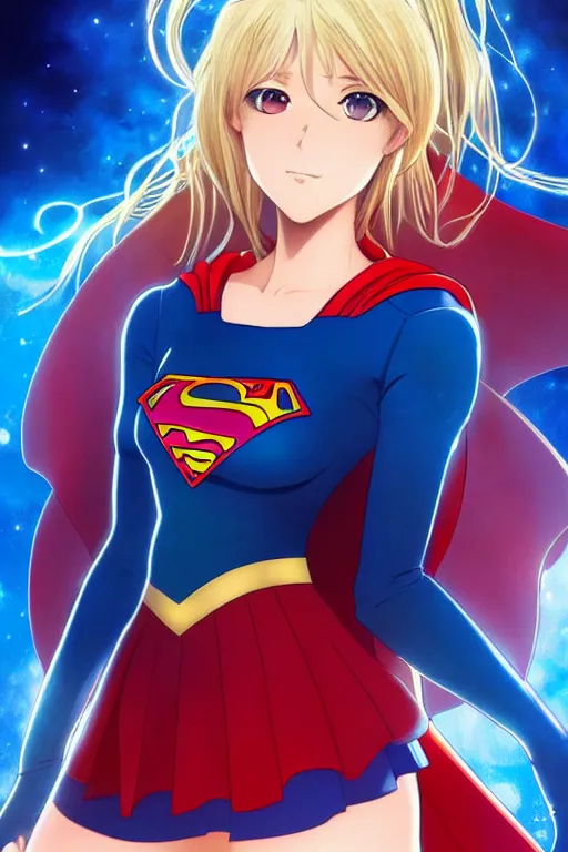 Image similar to anime key visual of a beautiful female supergirl!! intricate, red, blue gold suit, powers, speed, dc comics, cinematic, stunning, highly detailed, digital painting, artstation, smooth, hard focus, illustration, art by artgerm and greg rutkowski and alphonse mucha