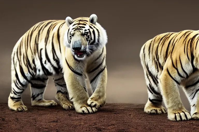 Image similar to a tiger polar bear!!! hybrid! hyper realistic!! realistic lighting!! wildlife photographer of the year!!! bold natural colors, national geographic, hd, wide angle, 8 k