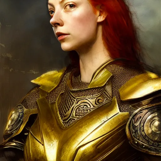 Image similar to young redheaded woman, wearing black and gold ornamental medieval armour, detailed, by gaston bussiere, bayard wu, greg rutkowski, giger, maxim verehin, greg rutkowski, masterpiece, sharp focus, illustration, highly detailed, digital painting, concept art, matte, natalie dormer