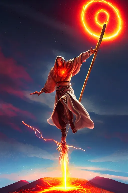 Prompt: levitating wizard wielding a spear opening a shining portal pulsating in the night sky, horizon of an erupting volcano, photorealistic, artstation, highly detailed