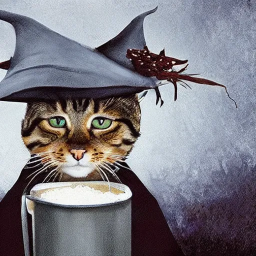 Prompt: beautiful artistic work of art realistic cinematic masterpiece where a cat comes out with a witch hat