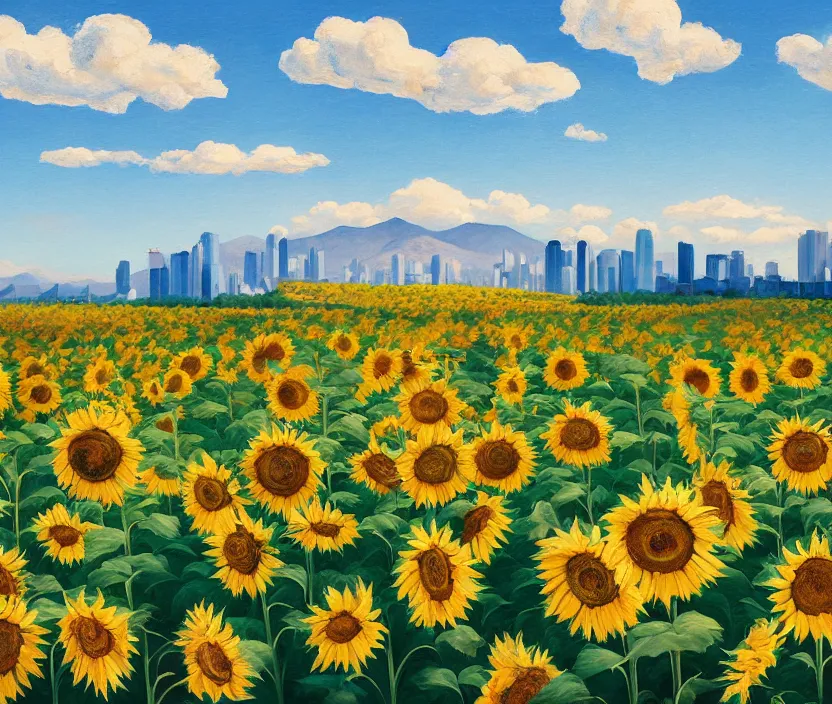 Image similar to a very detailed painting of a sunflower field, baby blue sky with very aesthetic stylized clouds, there is a big city with futuristic buildings in the back, there are mountains in the back, in the style of edward hopper and hugo pondz, very fine brushstrokes, 4 k,