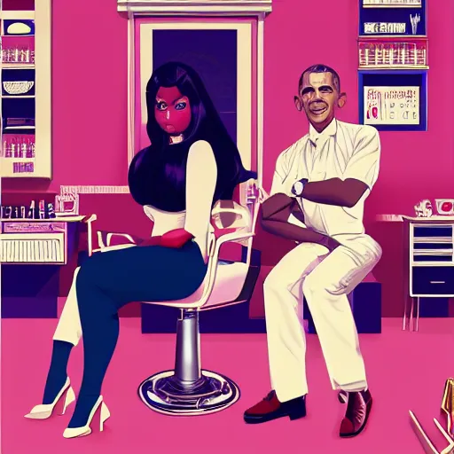 Image similar to illustration of nicki minaj sitting next to barack obama in a 6 0's vintage barbershop, symmetrical, cinematic scene, brownish flat colors, hyper realistic, highly detailed, by miyazaki, monokubo, trending on artstation