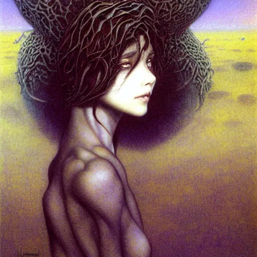 Image similar to cute young vampire tomboy girl with short short short dark hairs on lovecraftian planet by jean delville by luis royo and wayne barlowe, beksinski