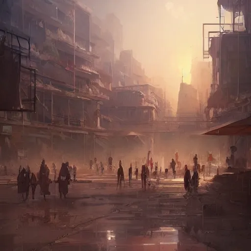 Image similar to a beautiful painting of desert square in a megalopolis in the early morning by greg rutkowski and annibale caracci trending on artstation