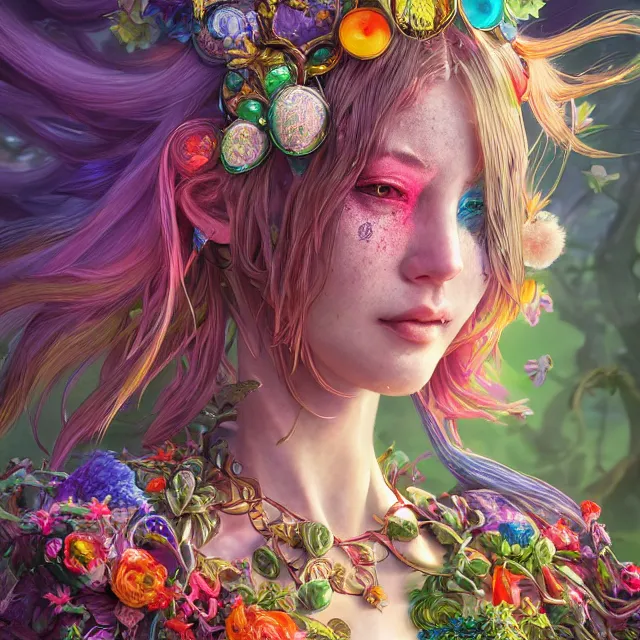 Prompt: the portrait of chaotic good female rainbow colorful druid botanist as absurdly beautiful, gorgeous, elegant, young gravure idol, an ultrafine hyperdetailed illustration by irakli nadar, james jean, intricate linework, sharp focus, bright colors, final fantasy, unreal engine 5 highly rendered, global illumination, radiant light, detailed and intricate environment