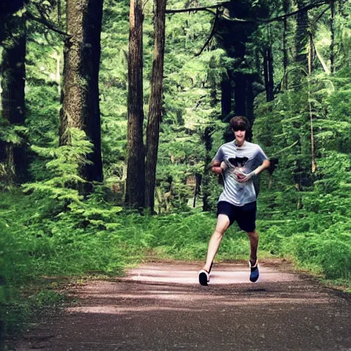Prompt: a sporty guy runs alone through a forest with tall trees, acid-green sneakers, a photo from the back in perspective, art by Robert Kirkman,
