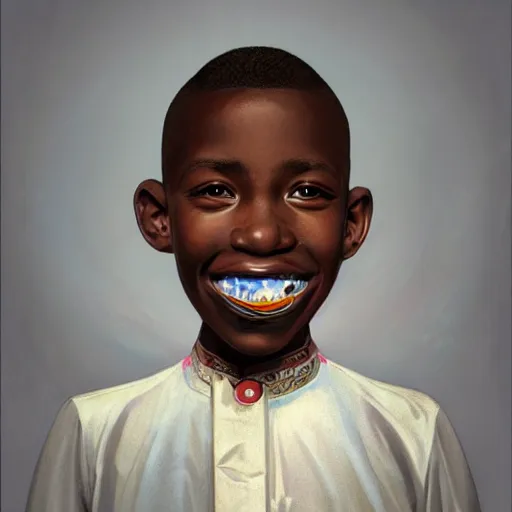 Image similar to colourful upper half caricature portrait of an african boy with sliver teeth grillz, art by hsiao - ron cheng & alphonse mucha, highly detailed, digital painting, ray tracing, concept art, illustration, smooth sharp focus, intricate, symmetry, artstation,