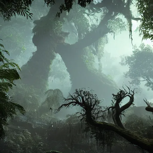 Prompt: a stunning view of a large rainforest in bloodborne, stunning screenshot