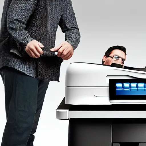 Image similar to a man staring at a printer, hyper realistic, very detailed.