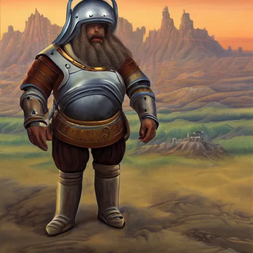 Prompt: oil painting of a medieval fantasy dwarf standing next to a robot made of chrome, badlands in the background, detailed, 4K