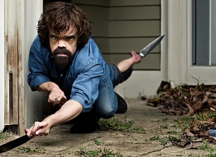 Prompt: peter dinklage crawling from under a porch with a knife in his mouth at night, movie still, from the new sweet home alabama movie, 8 k, realistic