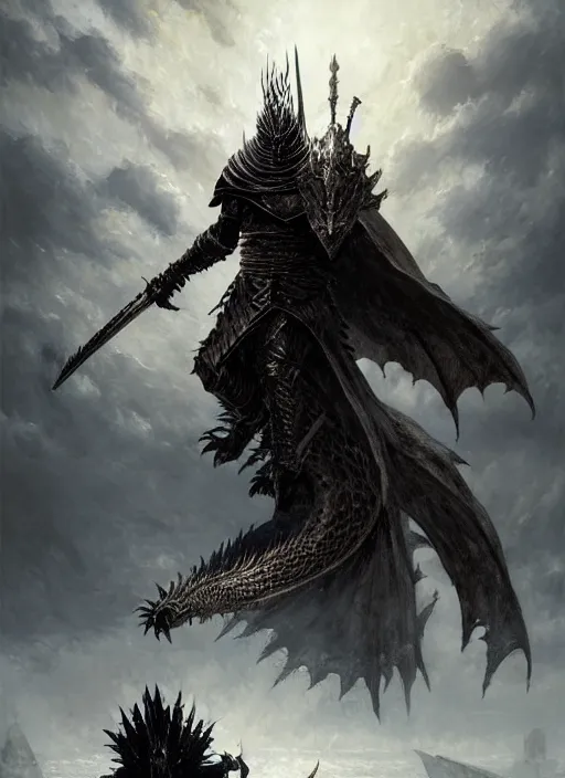 Prompt: folk horror illustration of the nameless king (armored ancient god of war and thunder who rides a storm dragon) from dark souls 3, art by greg rutkowski, art by craig mullins, art by thomas kincade, art by Yoshitaka Amano