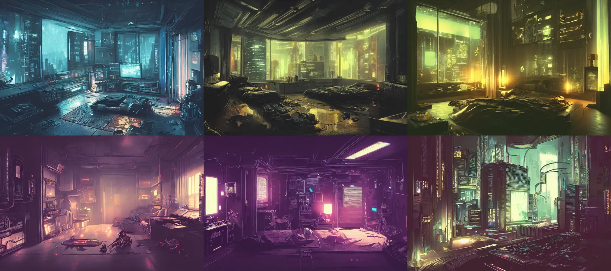 Prompt: cyberpunk bedroom at night, intricate detail, cinematic, artstation